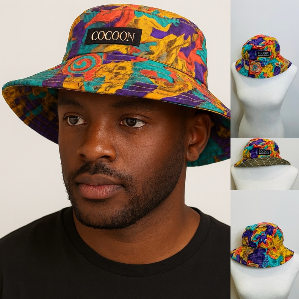 Vintage Upcycled Abstract Print Silk & Cotton Bucket Hat From 2 Vintage Tops
